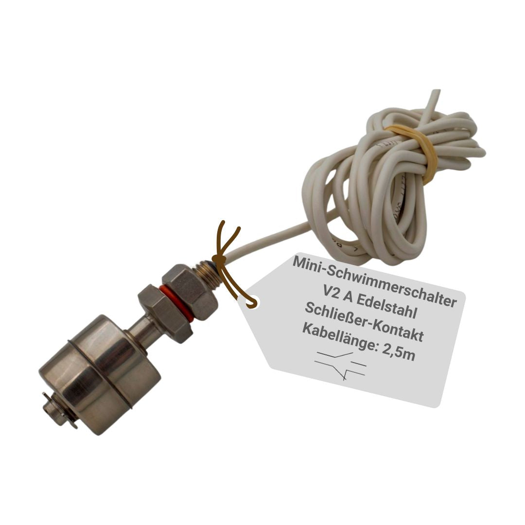 Minischwimmerschalter Typ V2A, Schließer-Funktion, kompakte Bauform, geeignet für den Einsatz in Wasserbehältern und Pumpenanlagen, Elektrotechnik Schabus Produktaufnahme auf weißem Hintergrund.