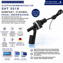 SHT 5018 Klappschwimmerschalter aus PP-Kunststoff zur seitlichen Pegelüberwachung in Behältern und Tanks. Der Schwimmer ist durch 180°-Drehung als Öffner (NC) oder Schließer (NO) einsetzbar und eignet sich für Wasser, Heizöl, Diesel sowie viele weitere Flüssigkeiten.