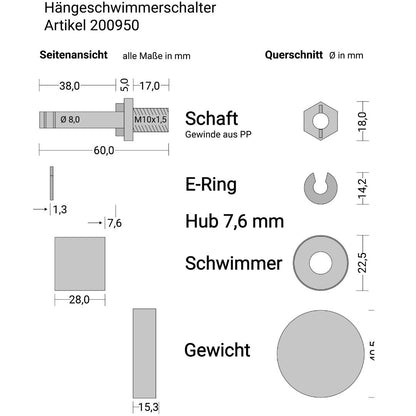 Hänge-Schwimmerschalter Kunststoff frei hängend durch Eigengewicht