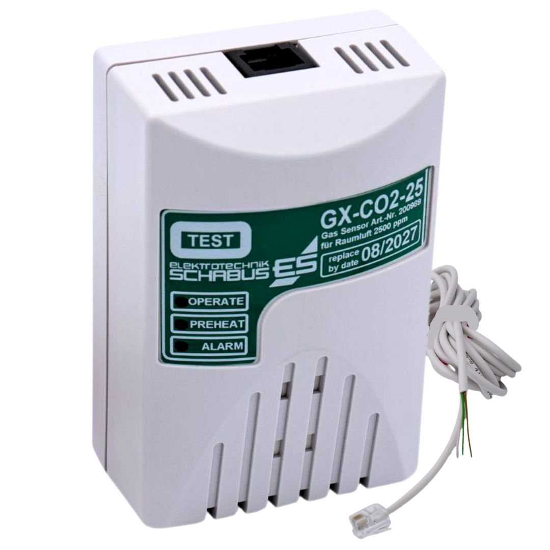 CO₂-Raumluftsensor GX-CO2-25 von Schabus mit Anschlusskabel und RJ-Stecker