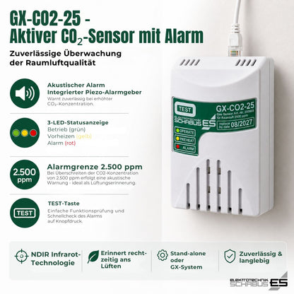 GX-CO2-25 CO₂-Sensor mit akustischem Alarm, LED-Statusanzeige, 2.500-ppm-Alarmgrenze und Test-Taste