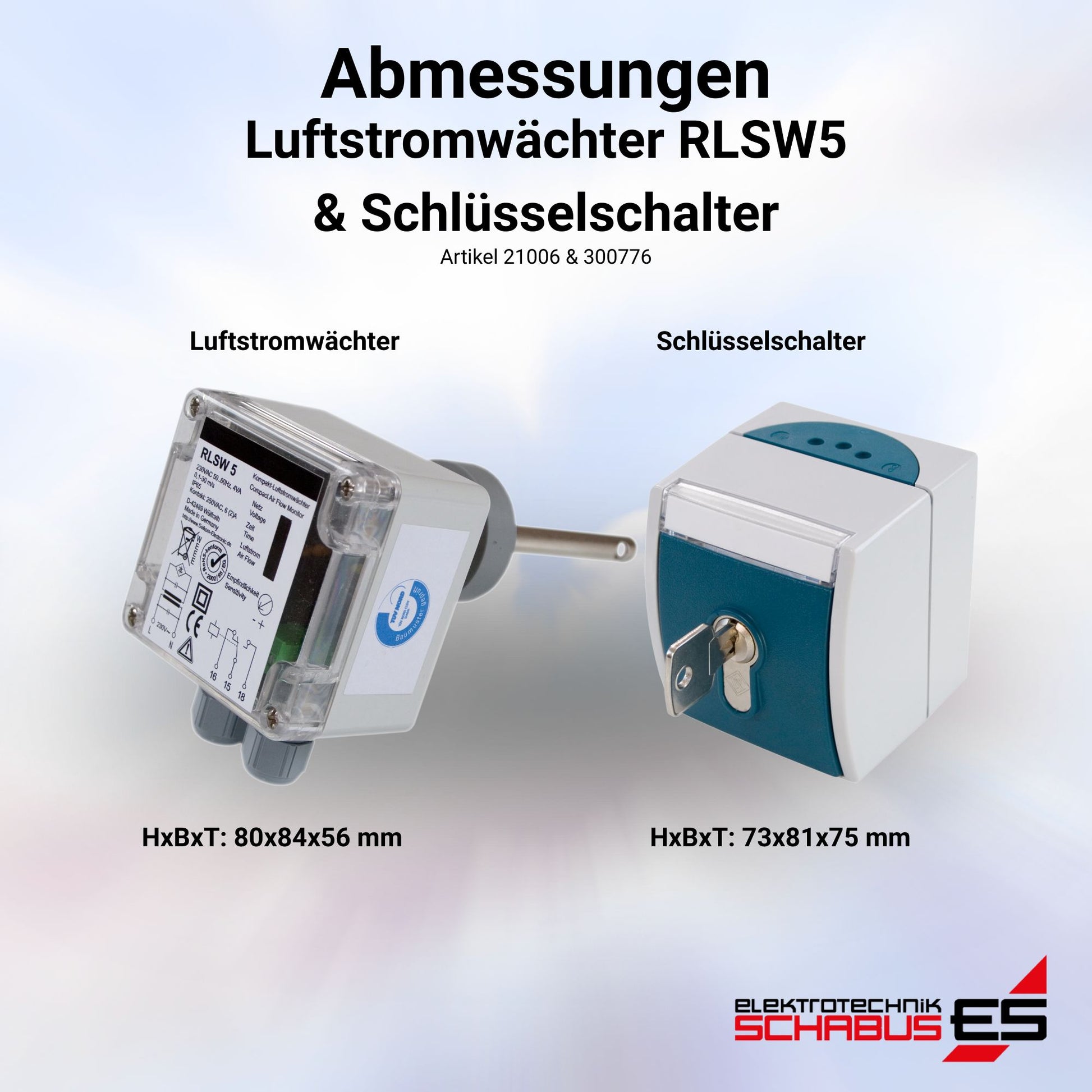 Abmessungen des Luftstromwächters RLSW5 und Schlüsselschalters