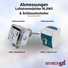Abmessungen des Luftstromwächters RLSW5 und Schlüsselschalters