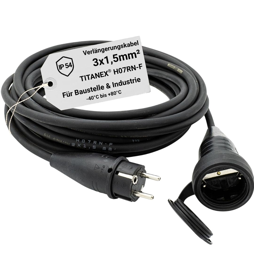 Profi-Verlängerungskabel 3×1,5 mm² mit TITANEX® H07RN-F Gummikabel, ABL Schuko-Stecker, robuster Kupplung und IP54-Schutz für Baustelle, Werkstatt und Industrie.