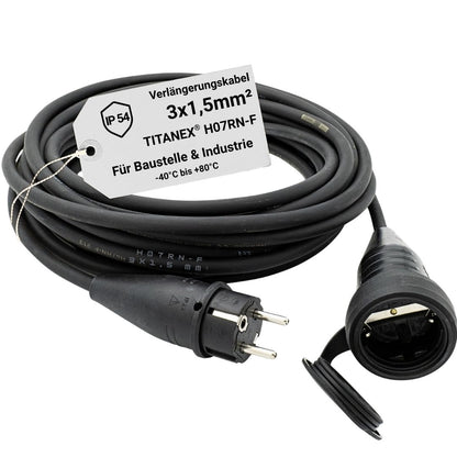 Profi-Verlängerungskabel 3×1,5 mm² mit TITANEX® H07RN-F Gummikabel, ABL Schuko-Stecker, robuster Kupplung und IP54-Schutz für Baustelle, Werkstatt und Industrie.