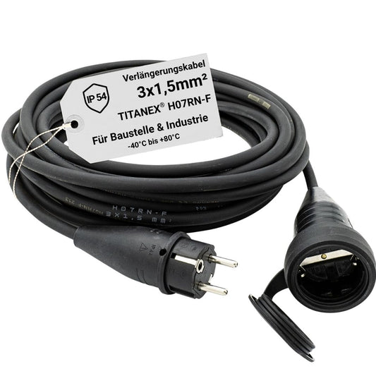 Profi-Verlängerungskabel 3×1,5 mm² mit TITANEX® H07RN-F Gummikabel, ABL Schuko-Stecker, robuster Kupplung und IP54-Schutz für Baustelle, Werkstatt und Industrie.