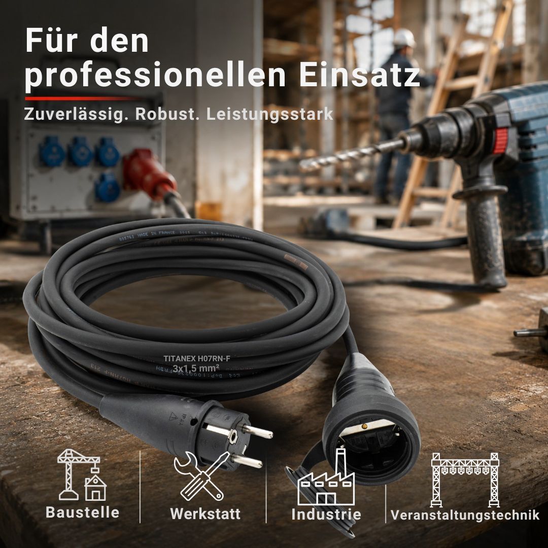 Profi-Verlängerungskabel 3×1,5 mm² im Einsatz auf der Baustelle mit TITANEX® H07RN-F Gummikabel für Werkstatt, Industrie, Veranstaltungstechnik und professionelle Anwendungen.