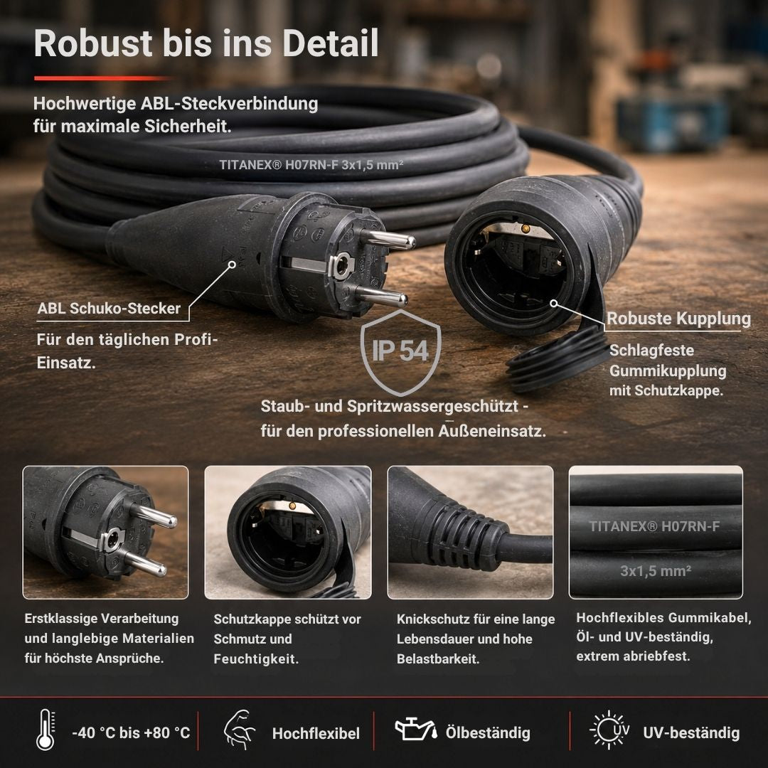 Detailansicht des Profi-Verlängerungskabels 3×1,5 mm² mit ABL Schuko-Stecker, robuster Gummikupplung mit Schutzkappe, Knickschutz und TITANEX® H07RN-F Kabelmantel.