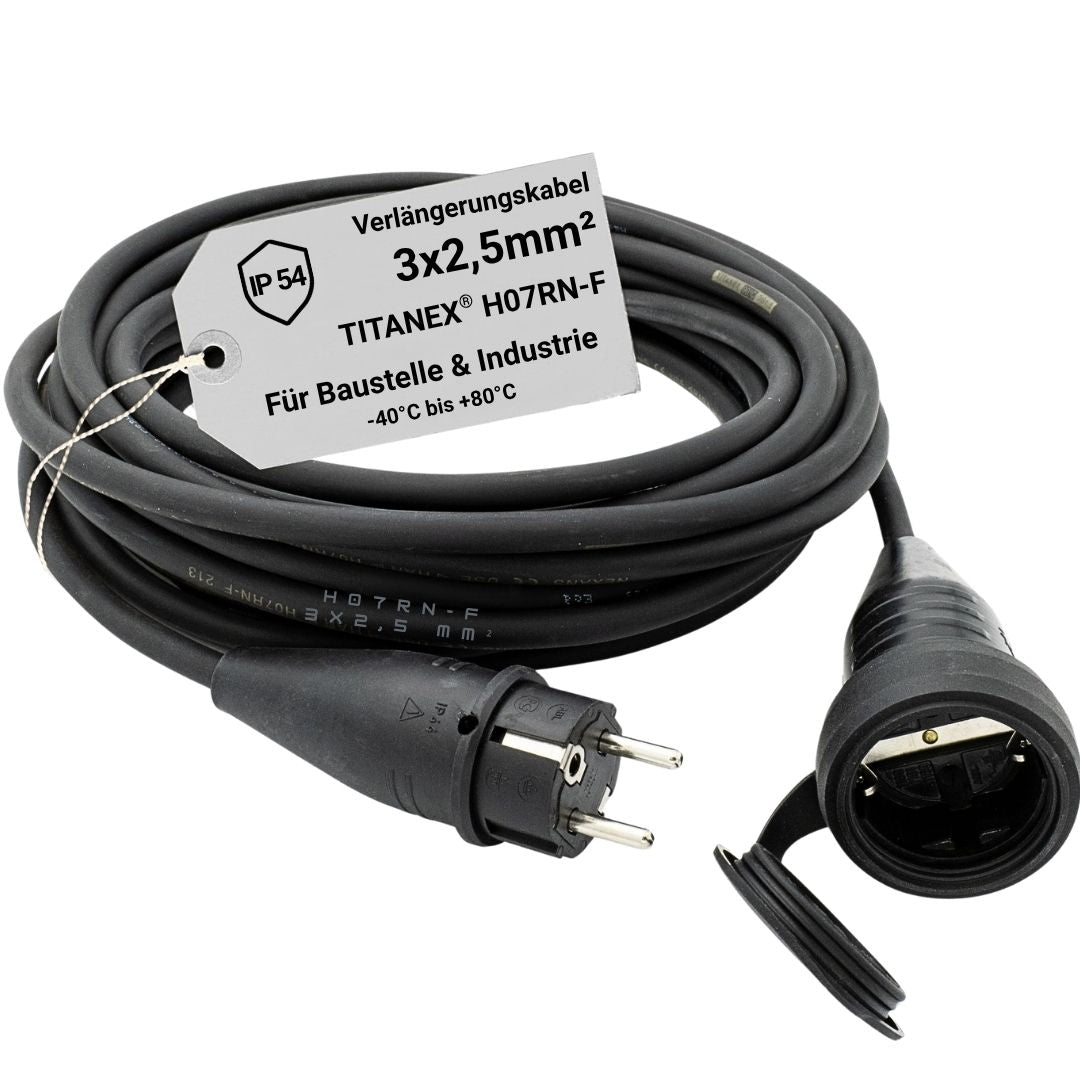 Profi-Verlängerungskabel 3×2,5 mm² mit TITANEX® H07RN-F Gummikabel, ABL Schuko-Stecker, robuster Kupplung und IP54-Schutz für Baustelle, Werkstatt und Industrie.