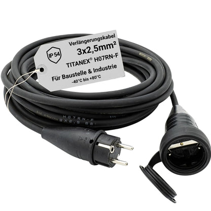 Profi-Verlängerungskabel 3×2,5 mm² mit TITANEX® H07RN-F Gummikabel, ABL Schuko-Stecker, robuster Kupplung und IP54-Schutz für Baustelle, Werkstatt und Industrie.