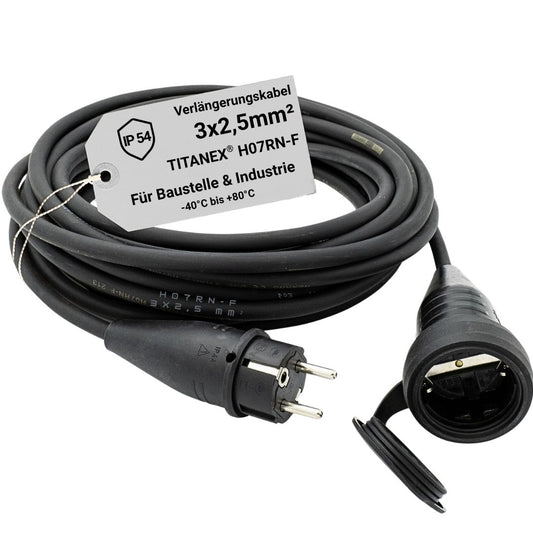 Profi-Verlängerungskabel 3×2,5 mm² mit TITANEX® H07RN-F Gummikabel, ABL Schuko-Stecker, robuster Kupplung und IP54-Schutz für Baustelle, Werkstatt und Industrie.