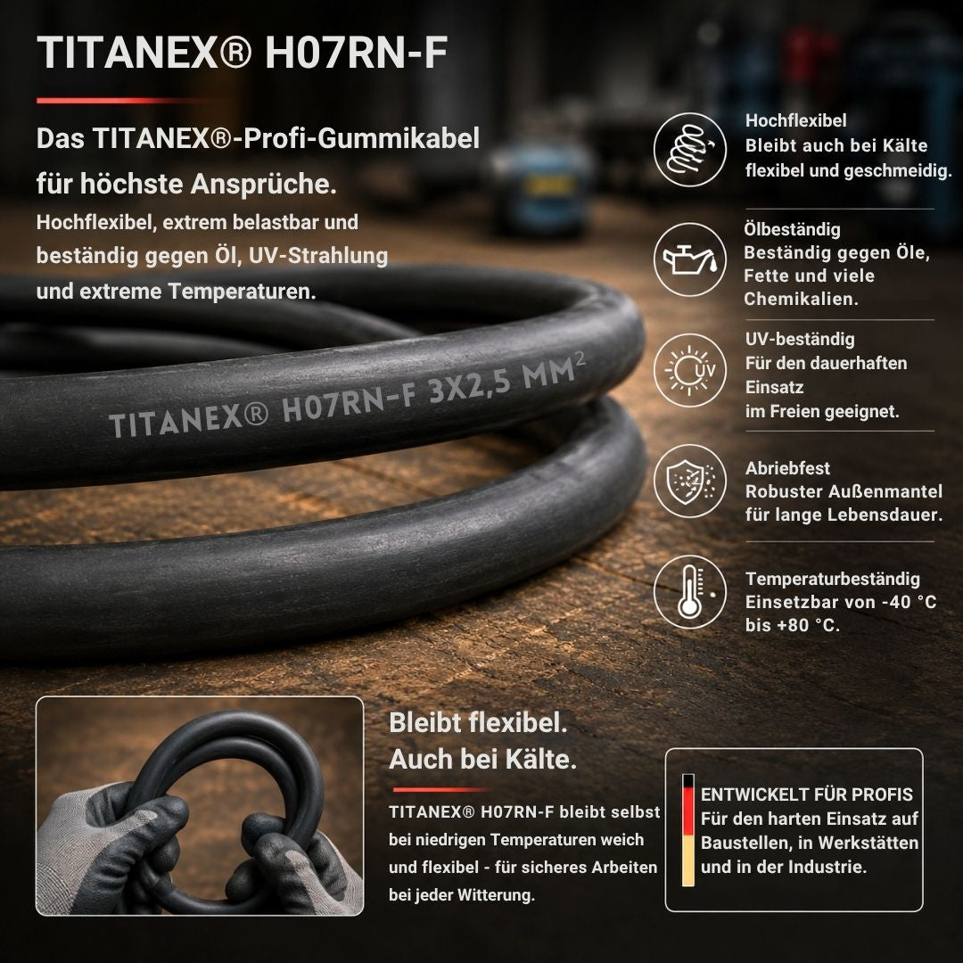 Makroaufnahme des TITANEX® H07RN-F Gummikabels 3×2,5 mm² mit Fokus auf Flexibilität, Ölbeständigkeit, UV-Beständigkeit und Temperaturbeständigkeit von −40 °C bis +80 °C.