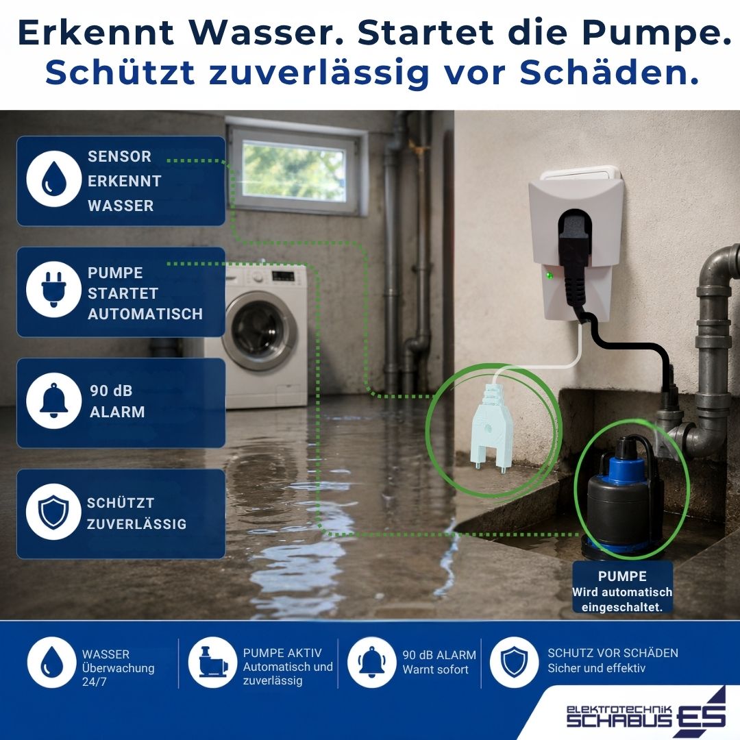 SHT 217 Pumpensteuerung mit Gabelsensor erkennt Wasser automatisch, aktiviert die angeschlossene Pumpe und schützt zuverlässig vor Wasserschäden im Keller