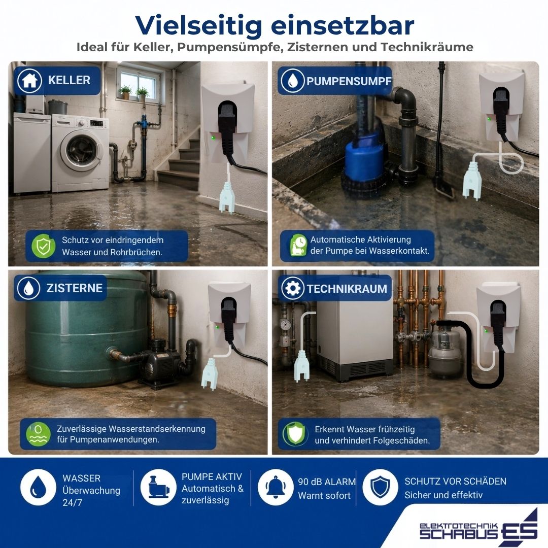SHT 217 Pumpensteuerung mit Wassersensor für Keller, Pumpensümpfe, Zisternen und Technikräume zur automatischen Aktivierung von Pumpen bei Wasserkontakt.