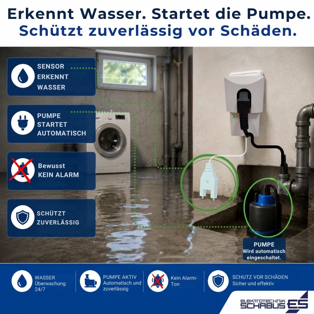 SHT 218 Wasserüberwachung mit Gabelsensor und automatischer Pumpenaktivierung bei Wasserkontakt – zuverlässiger Schutz vor Wasserschäden ohne akustischen Alarm.
