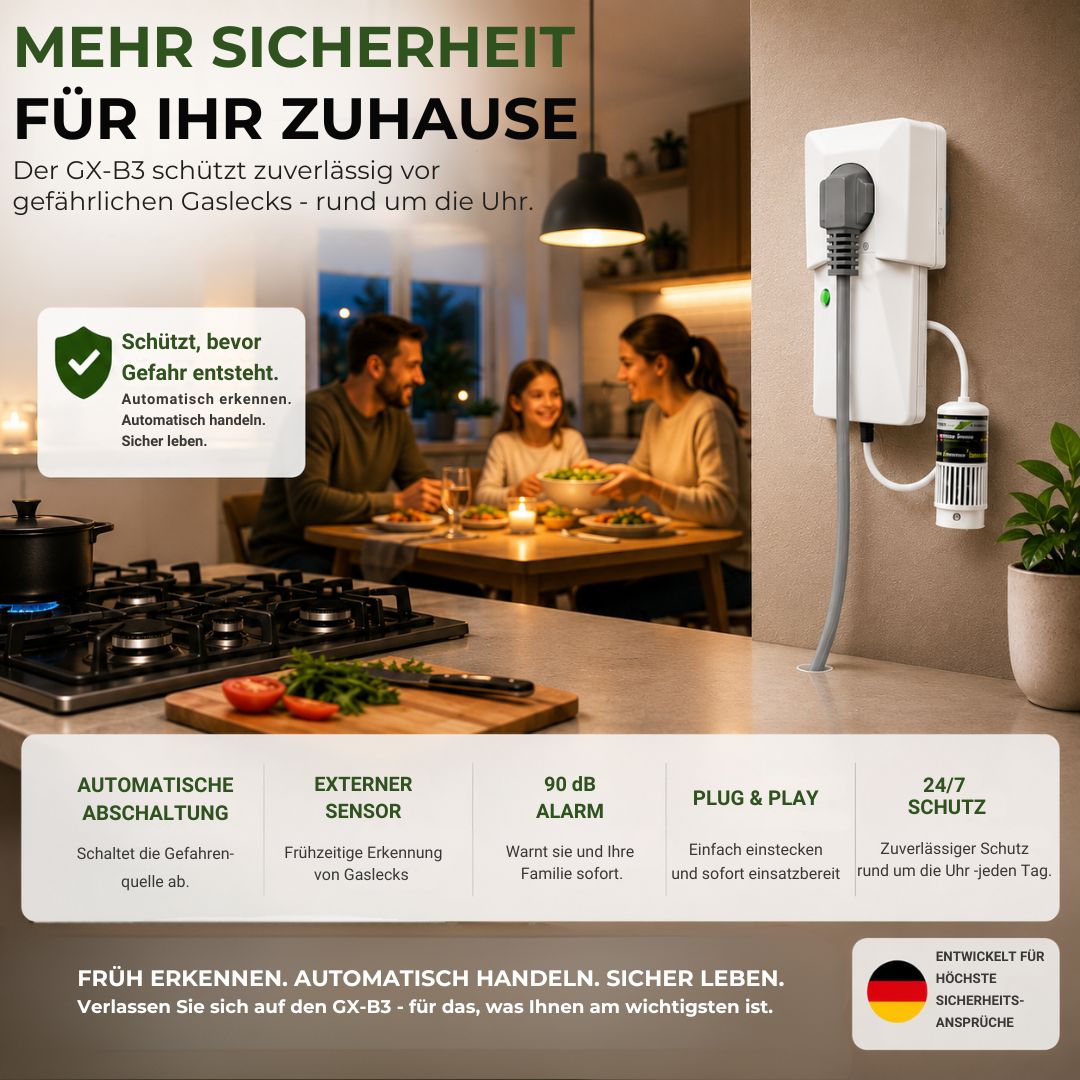 GX-B3 Gaswarngerät schützt Familien zuverlässig vor gefährlichen Gaslecks mit automatischer Abschaltung und 24 Stunden Sicherheit im Zuhause