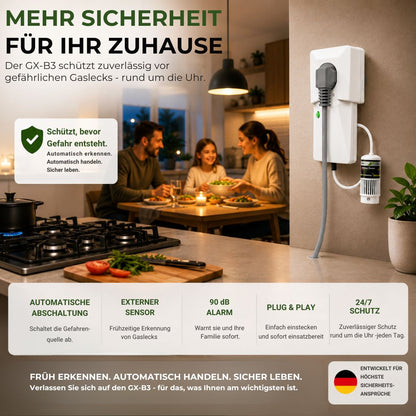 GX-B3 Gaswarngerät schützt Familien zuverlässig vor gefährlichen Gaslecks mit automatischer Abschaltung und 24 Stunden Sicherheit im Zuhause