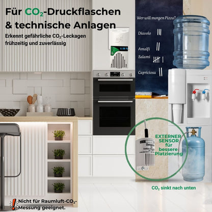 GX-D3 CO₂-Warner mit Display neben Wassersprudler und CO₂-Druckflasche zur Erkennung gefährlicher Leckagen