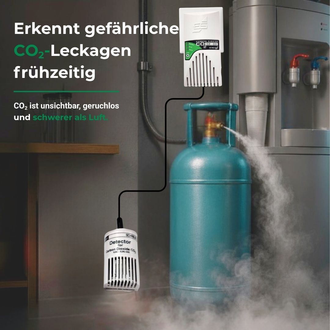 CO₂-Leckage an Druckflasche mit GX-D3 CO₂-Warner zur frühzeitigen Alarmierung bei austretendem Kohlendioxid