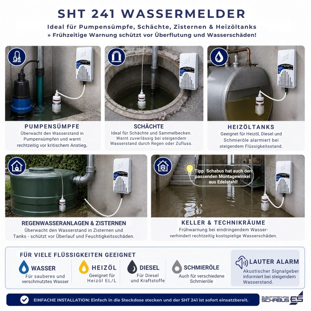 SHT 241 Wassermelder für Pumpensümpfe, Schächte, Heizöltanks, Zisternen und Keller mit Wasserstandsüberwachung