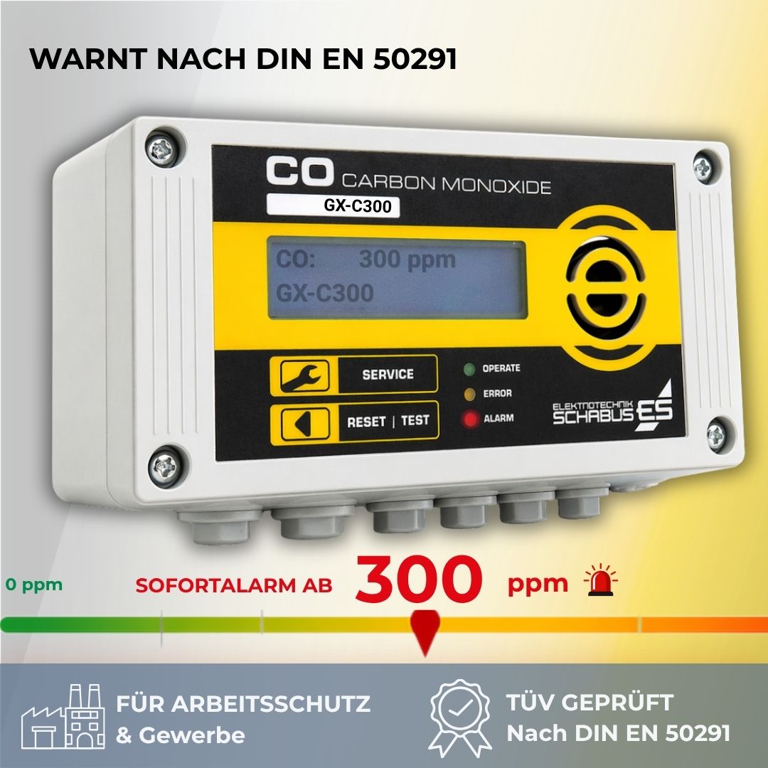 CO Melder Gewerbe mit Alarm nach DIN 50291 0 ppm , CO Alarm Gewerbe Sicherheitsmelder 