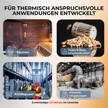 CO Melder Anwendungsbeispiele für thermisch anspruchsvolle Anwendungen wie in Saunen, Pelletslager, Kühlhäuser, Industrieumgebung