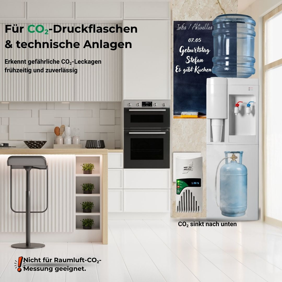 GX-D33 CO₂-Warner neben Wassersprudler und CO₂-Druckflasche zur Erkennung gefährlicher Leckagen