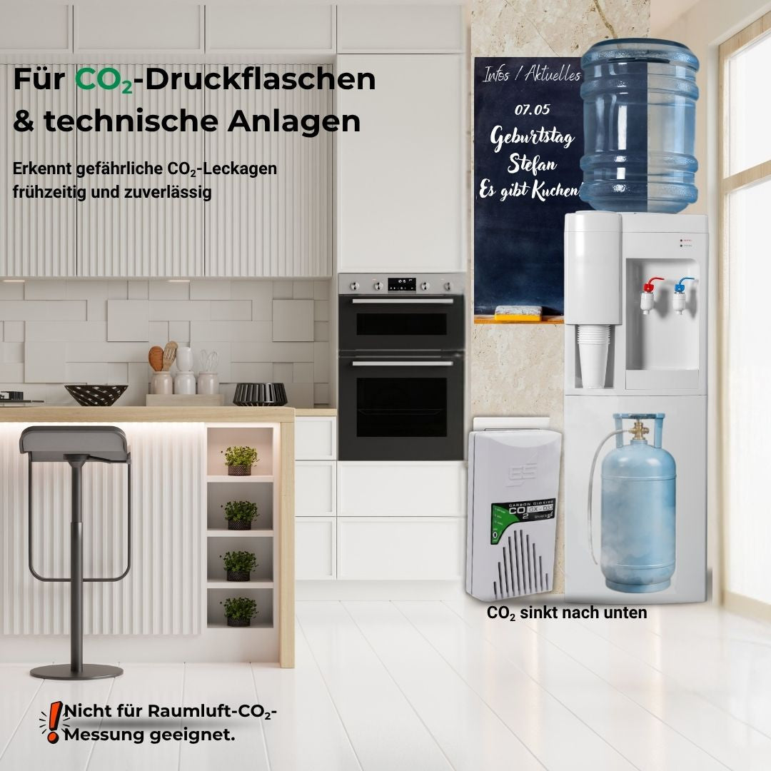 GX-D33 CO₂-Warner neben Wassersprudler und CO₂-Druckflasche zur Erkennung gefährlicher Leckagen