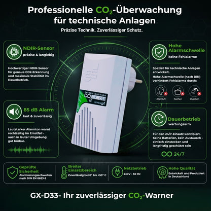Professioneller GX-D33 CO₂-Warner mit NDIR-Sensor, hoher Alarmschwelle und zuverlässiger Überwachung technischer Anlagen