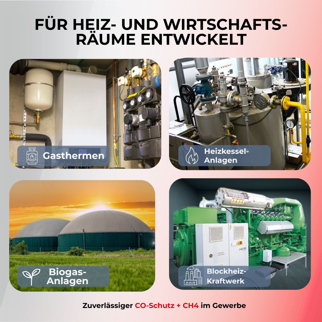 CO und CH4 Melder für Heiz- und Wirtschaftsräume entwickelt wie Gasthermen, Heizkessel, Biogasanlagen, Blockheiz-Kraftwerke