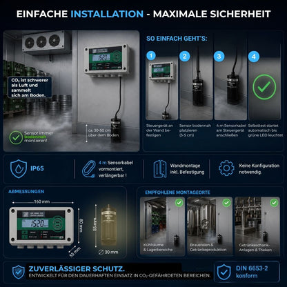 Einfache Installation der GX-D500 CO₂-Warnanlage mit bodennahem Sensor, IP65-Gehäuse und vormontiertem Sensorkabel für Kühlräume und Gewerbe.