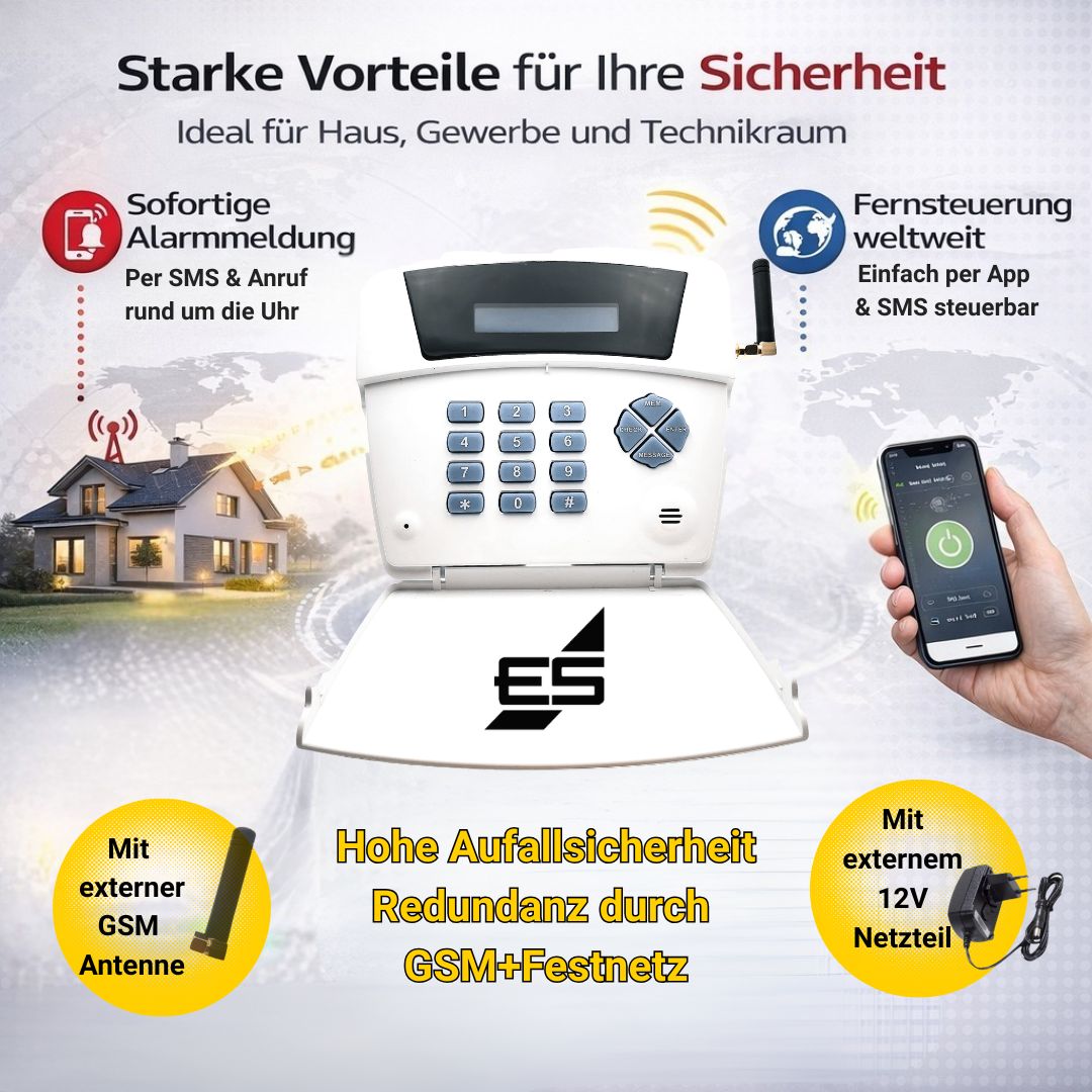 GSM Alarmgerät Vorteile mit externer Antenne, 12V Netzteil und weltweiter Steuerung per App und SMS