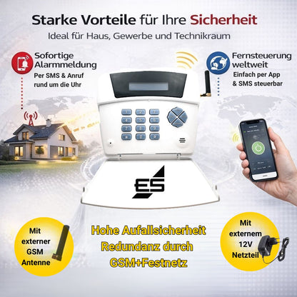 GSM Alarmgerät Vorteile mit externer Antenne, 12V Netzteil und weltweiter Steuerung per App und SMS