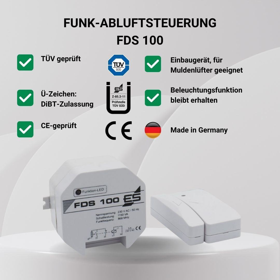 Übersicht der wichtigsten technischen Eigenschaften der Funkabluftsteuerung FDS 100 in grafischer Darstellung