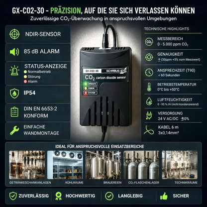Technische Eigenschaften des GX-CO2-30 CO₂-Sensors mit NDIR-Sensor, IP54 Schutzklasse, 85 dB Alarm und professioneller CO₂-Überwachung