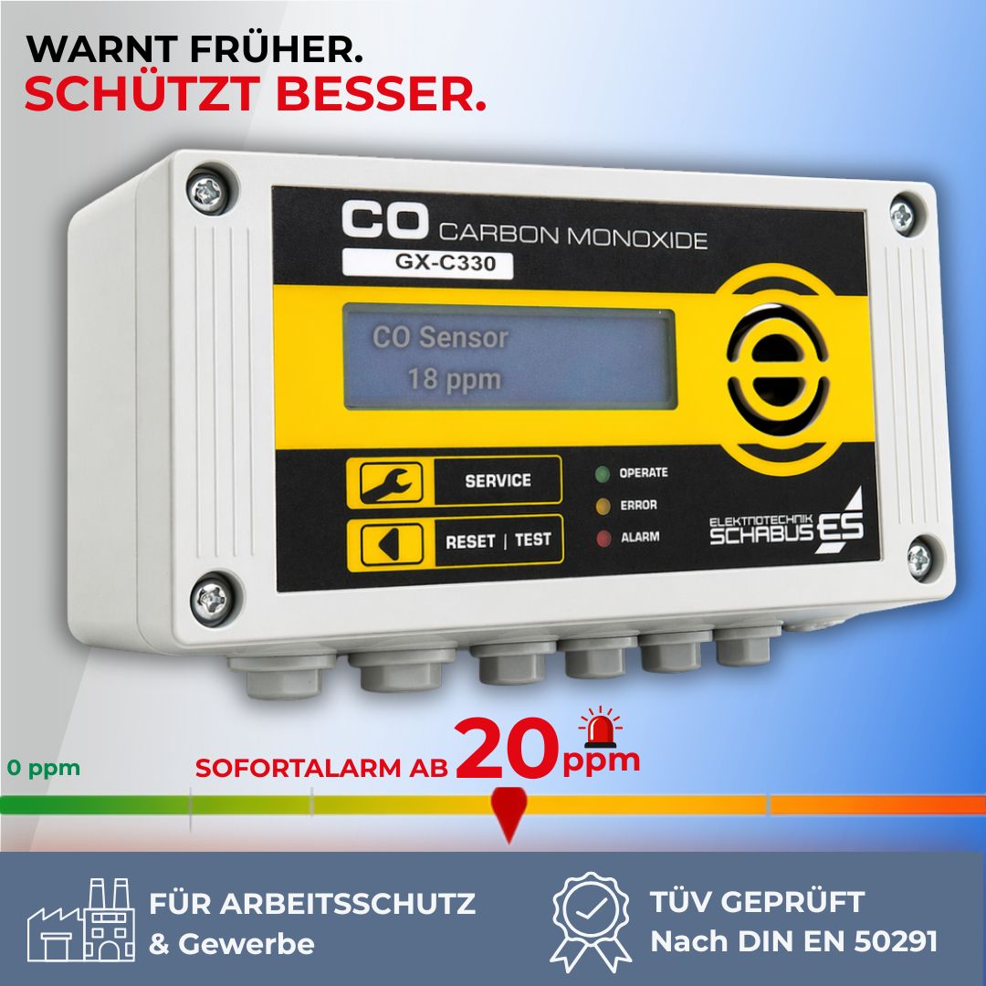 CO Melder Gewerbe mit Sofortalarm ab 20 ppm ohne Voralarm, CO Alarm 20 ppm Gewerbe Sicherheitsmelder frühzeitige Warnung