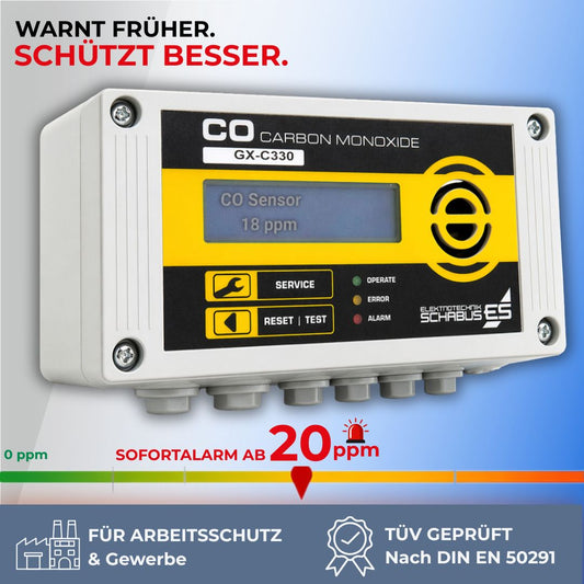 CO Melder Gewerbe mit Sofortalarm ab 20 ppm ohne Voralarm, CO Alarm 20 ppm Gewerbe Sicherheitsmelder frühzeitige Warnung