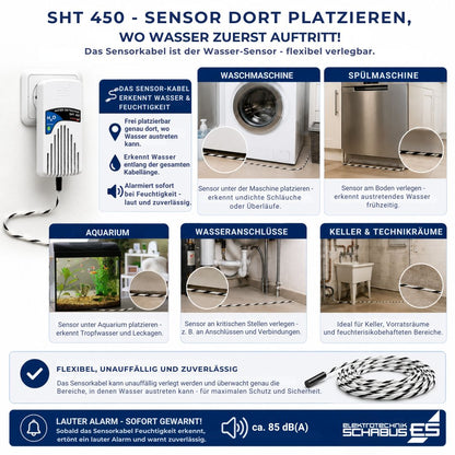 SHT 450 Wassermelder mit flexibel verlegbarem Sensorkabel zur Leckageerkennung an Waschmaschinen, Spülmaschinen und Wasseranschlüssen
