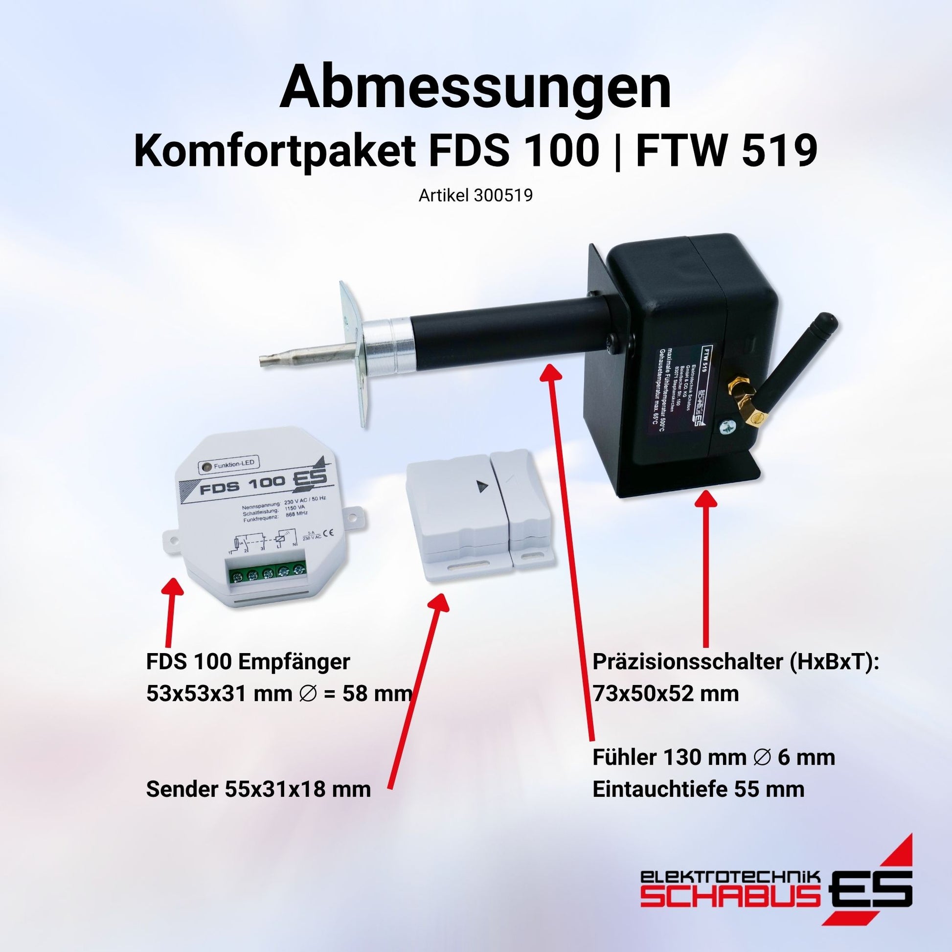 Abmessungen des Komfortpakets FDS100 Funkabluftsteuerung mit FTW519 Funk-Abgastemperaturmesser
