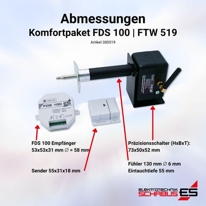 Abmessungen des Komfortpakets FDS100 Funkabluftsteuerung mit FTW519 Funk-Abgastemperaturmesser