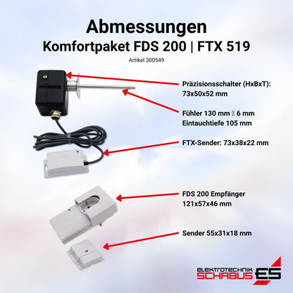 Abmessungen Komfortpaket auf FDS 200 Funk-Abluftsteuerung und FTX 519 Abgastemperaturwächter