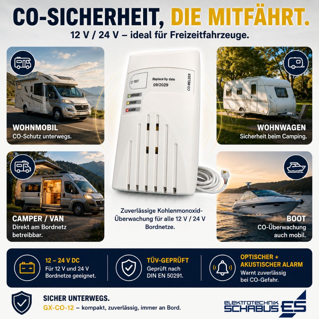 GX-CO-12 CO-Melder für Wohnmobil, Wohnwagen, Camper und Boot mit 12 V oder 24 V Bordnetz