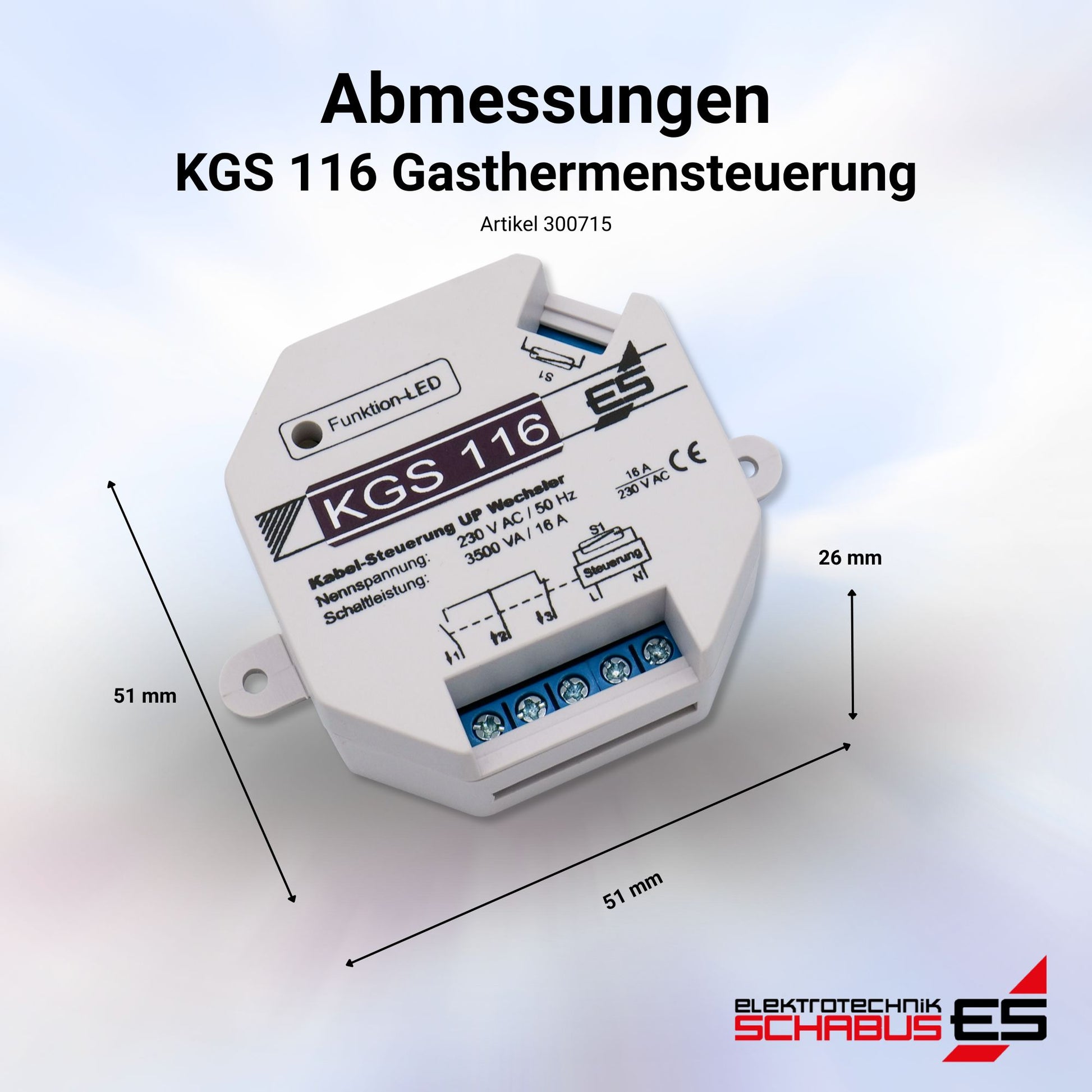 Abmessungen der KGS116 Gasthermensteuerung