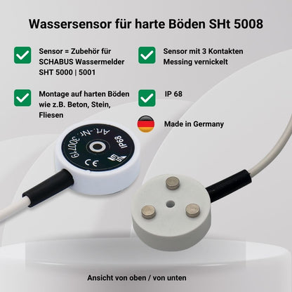 Bodensensor SHT 5008 für harte Böden (Art.-Nr. 300719) mit technischen Eckdaten in Form von vier grünen Häkchen. Zusätzlich hervorgehoben: hochwertige Verarbeitung, vernickelte Messingkontakte und Kennzeichnung ‚Made in Germany‘.