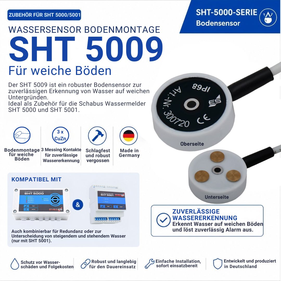 Wassersensor SHT 5009 für weiche Böden mit Messingkontakten (CuZn), Ober- und Unterseite. Passiver Bodensensor zur Wassererkennung auf Parkett, Laminat, Linoleum und Teppich. Zubehör für die Wassermelder SHT 5000 und SHT 5001.