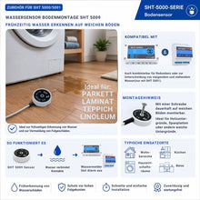 Anwendungsbeispiel des Wassersensors SHT 5009 auf einem Laminatboden vor einer Waschmaschine. Der Bodensensor erkennt austretendes Wasser frühzeitig und eignet sich für Wohnräume, Hauswirtschaftsräume, Küchen und Büros. Kompatibel mit den Wassermeldern SHT 5000 und SHT 5001.