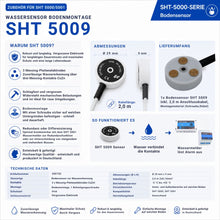Technische Übersicht des Wassersensors SHT 5009 für weiche Böden mit Abmessungen, Lieferumfang, technischen Daten und Funktionsprinzip. Passiver Wassersensor mit drei Messing-Plattenkontakten (CuZn) zur zuverlässigen Wassererkennung auf weichen Bodenbelägen.