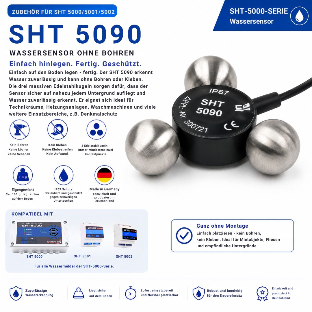 SHT 5090 Wassersensor ohne Bohren und Kleben mit drei Edelstahlkugeln für die zuverlässige Wassererkennung. Flexibel platzierbar als Zubehör für Schabus Wassermelder SHT 5000, SHT 5001 und SHT 5002.