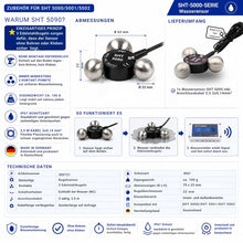 Technische Übersicht des Wassersensors SHT 5090 mit 3-Kugel-Prinzip, Abmessungen, Lieferumfang, Funktionsweise und technischen Daten. Flexibel platzierbarer Wassersensor mit IP67-Schutz für Schabus Wassermelder SHT 5000, SHT 5001 und SHT 5002.