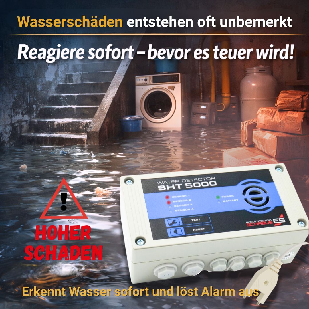 Wassermelder erkennt Wasser sofort und löst Alarm aus - Sofortige Reaktion bevor der teure Schaden entsteht